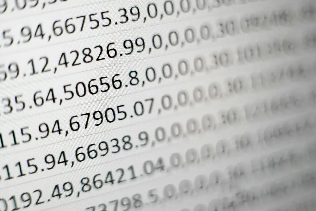 Printed spreadsheet columns dense with numbers